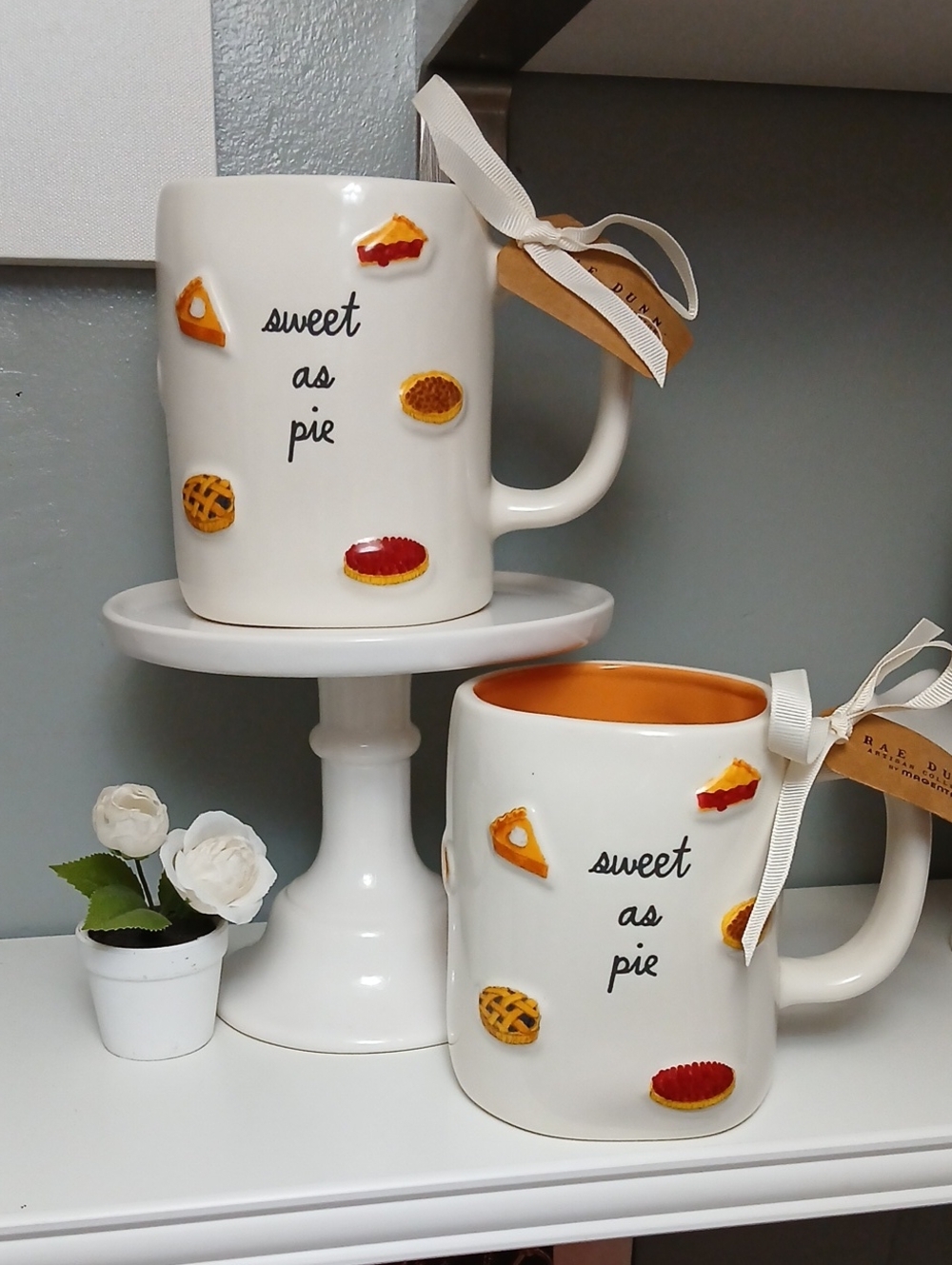 Set of 2 Rae Dunn White Ceramic Mugs with Orange Interior - Sweet as Pie NWT